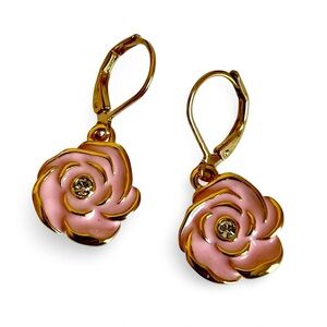 Vintage Joan Rivers Gold Plated Pink Enamel Gardenia Earrings With Swarovski